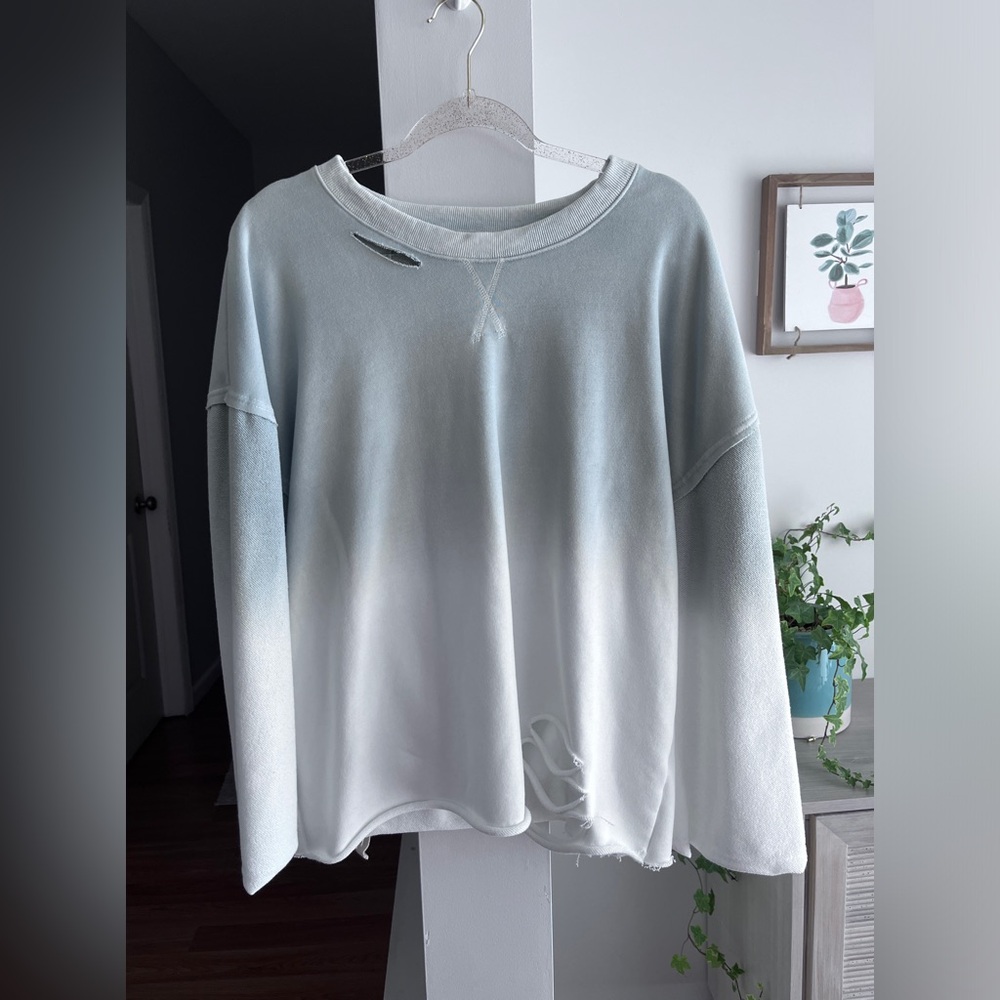 POL Two Toned Distressed Oversized Back Lace Up Crew Neck Sweatshirt